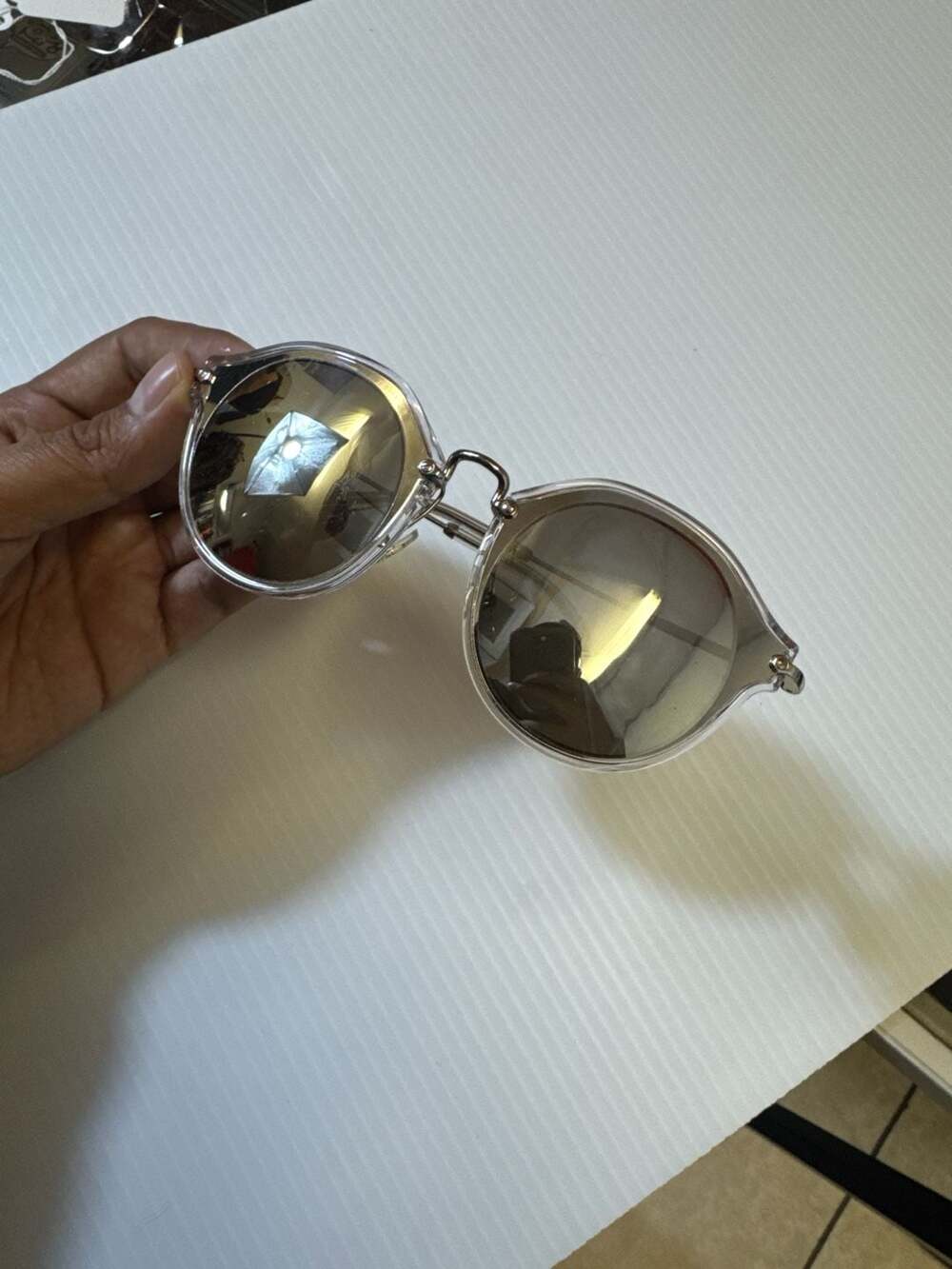 Miu Miu SMU51S Round Phantos Silver Mirror Sunglasses Clear Frame